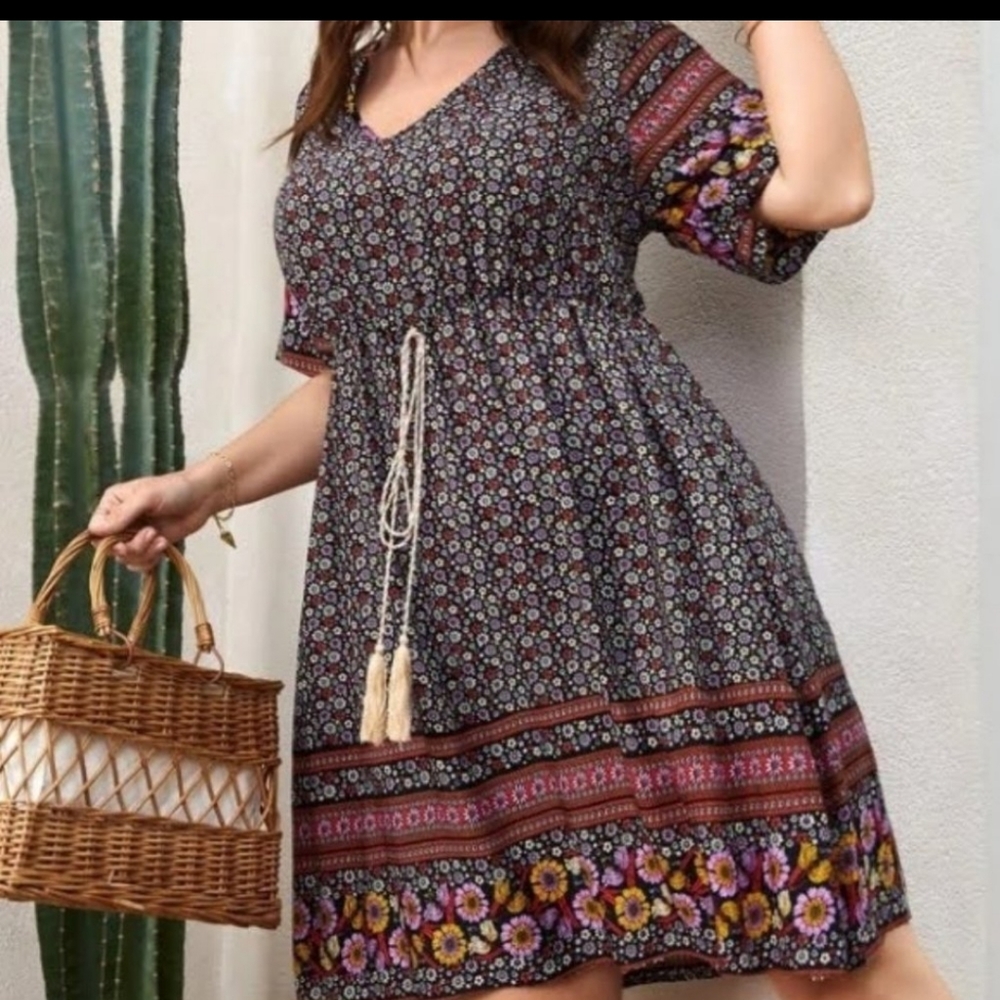 Boho Floral All Over Print Tie Waist Dress Size 2X